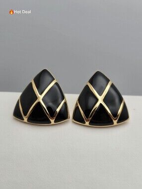 Vendome Black Enamel Triangle Clip-On Earrings Gold Tone Geometric 1980s